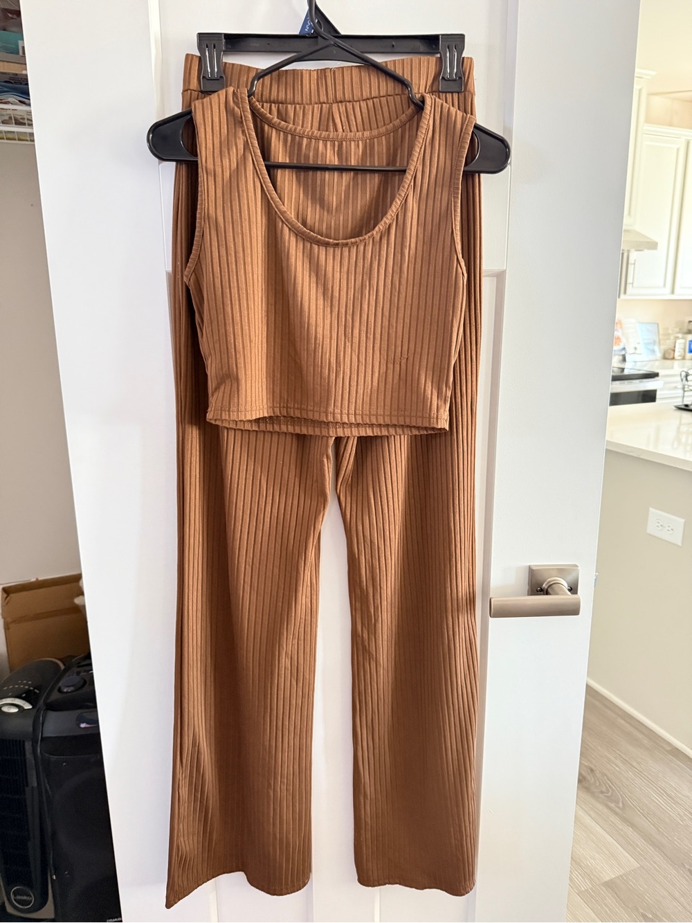 Ribbed Wide-Leg 2 piece Set Brown sleeveless crop top